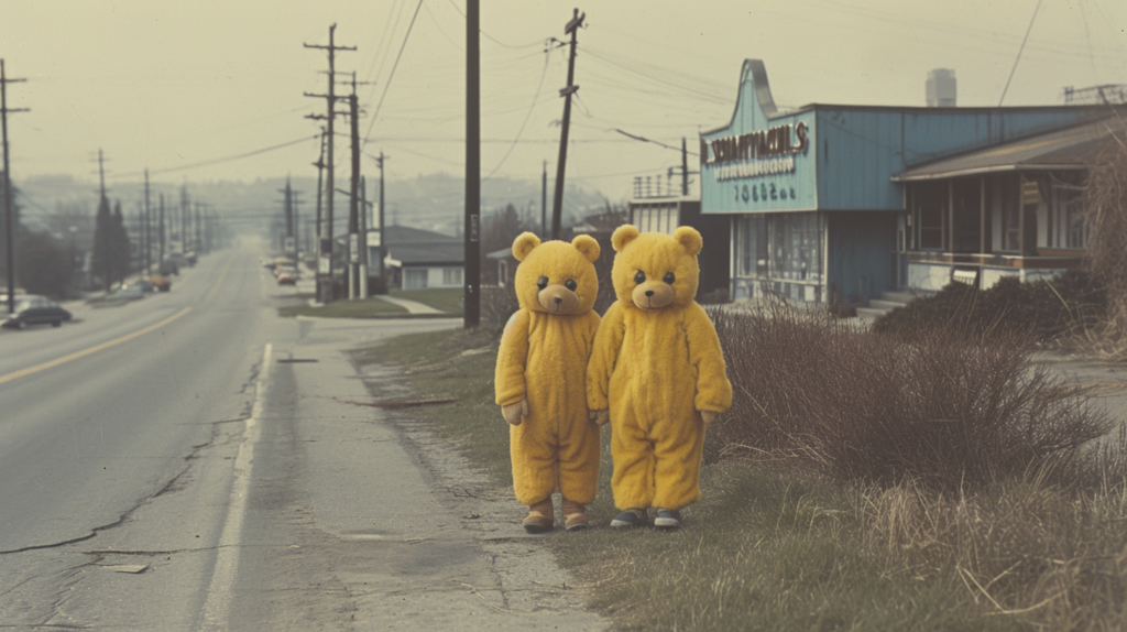 Two adorable teddy bears dressed in yellow suits are walking down a street. One bear is slightly larger than the other, with both bears standing next to each other in a cute and playful manner. The background consists of a city street with cars passing by, street lights, and a building. The teddy bears are the focal point of the image, showcasing their vibrant yellow outfits. The scene exudes a whimsical and joyful atmosphere, making it a delightful sight to behold. This image captures a charming moment of two stuffed toys enjoying a leisurely stroll together.