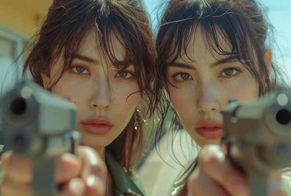 In the image, two women are seen standing in front of a building, both holding guns. The women have a determined look on their faces as they hold the weapons. One woman is wearing a white t-shirt and has wet hair, while the other woman is wearing a black t-shirt. The women are positioned closely together, with one slightly behind the other. The background shows a nondescript building. The image is clear and well-lit, with the women''s faces and the guns they are holding clearly visible. The overall atmosphere of the image is intense and dramatic.