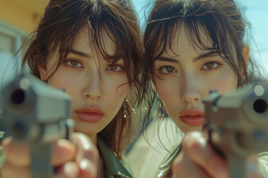 In the image, two women are seen standing in front of a building, both holding guns. The women have a determined look on their faces as they hold the weapons. One woman is wearing a white t-shirt and has wet hair, while the other woman is wearing a black t-shirt. The women are positioned closely together, with one slightly behind the other. The background shows a nondescript building. The image is clear and well-lit, with the women''s faces and the guns they are holding clearly visible. The overall atmosphere of the image is intense and dramatic.
