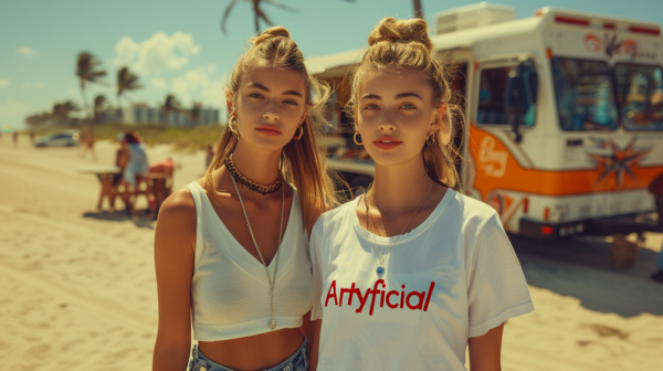 Two young women are standing on a sandy beach, enjoying a sunny day. One woman is wearing a white tank top and a chain necklace with a pendant, while the other woman is wearing a white shirt. In the background, there is a food truck parked nearby. The women are both smiling and appear to be enjoying their time at the beach. The image also includes a bus and a truck in the background. One of the women has a necklace with a cross pendant, and both women are wearing sunglasses. The overall scene exudes a relaxed and carefree beach vibe.