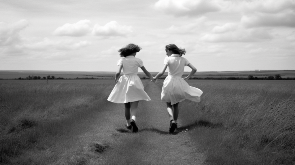In this black and white photo, we see two women dressed in white dresses walking hand in hand on a dirt road. The women are walking confidently, showcasing a sense of camaraderie and unity. One woman is wearing sneakers, while the other is wearing other shoes. The setting is serene, with a vast field surrounding the dirt road. The contrast between the white dresses and the dark road creates a striking visual impact. The image exudes a sense of friendship, freedom, and togetherness as the women walk together in harmony.