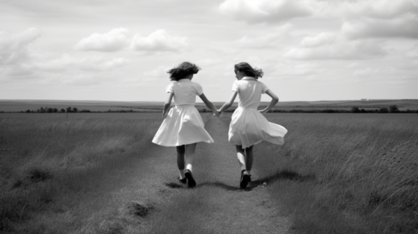 In this black and white photo, we see two women dressed in white dresses walking hand in hand on a dirt road. The women are walking confidently, showcasing a sense of camaraderie and unity. One woman is wearing sneakers, while the other is wearing other shoes. The setting is serene, with a vast field surrounding the dirt road. The contrast between the white dresses and the dark road creates a striking visual impact. The image exudes a sense of friendship, freedom, and togetherness as the women walk together in harmony.