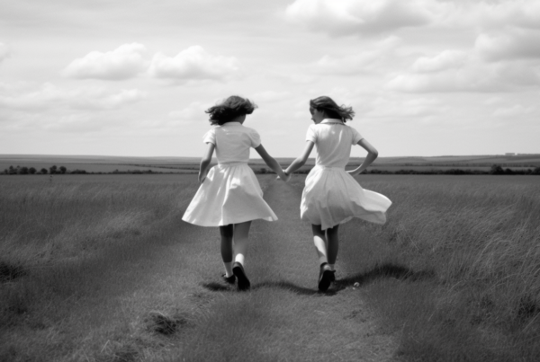 In this black and white photo, we see two women dressed in white dresses walking hand in hand on a dirt road. The women are walking confidently, showcasing a sense of camaraderie and unity. One woman is wearing sneakers, while the other is wearing other shoes. The setting is serene, with a vast field surrounding the dirt road. The contrast between the white dresses and the dark road creates a striking visual impact. The image exudes a sense of friendship, freedom, and togetherness as the women walk together in harmony.