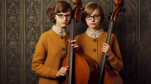In this image, two young girls are standing in front of a wall, both holding cellos. One girl is wearing glasses and a sweater, while the other girl is also wearing glasses. The girls appear to be in a music room, surrounded by musical instruments. One of the girls has long brown hair while the other girl has short blonde hair. They both seem focused and engaged with their cellos. The image is well-lit and the colors are warm and inviting, creating a cozy atmosphere. The girls'' expressions suggest they are passionate about playing music.