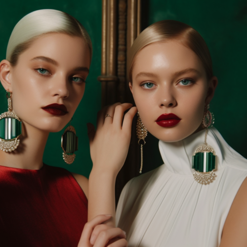 In this image, we see two women wearing beautiful red and white dresses. They are posing for a picture, standing in front of a green wall. The woman on the left has a red lipstick and is accessorized with a green necklace, while the woman on the right is wearing green earrings. Both women are elegantly dressed, exuding confidence and style. The woman on the left has a black jacket, adding a touch of sophistication to her outfit. The image captures a moment of glamour and friendship, showcasing the beauty and grace of the two women.