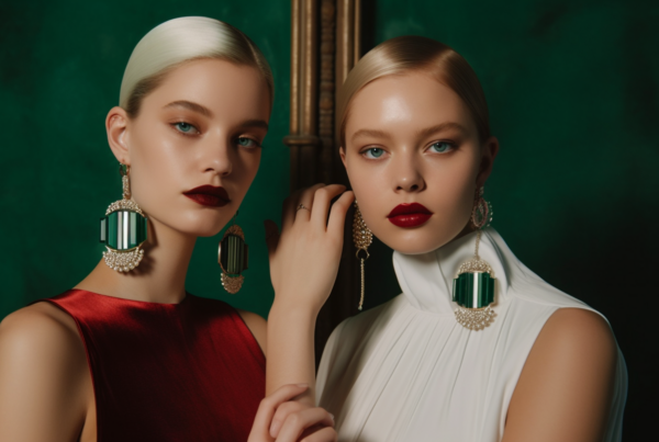 In this image, we see two women wearing beautiful red and white dresses. They are posing for a picture, standing in front of a green wall. The woman on the left has a red lipstick and is accessorized with a green necklace, while the woman on the right is wearing green earrings. Both women are elegantly dressed, exuding confidence and style. The woman on the left has a black jacket, adding a touch of sophistication to her outfit. The image captures a moment of glamour and friendship, showcasing the beauty and grace of the two women.