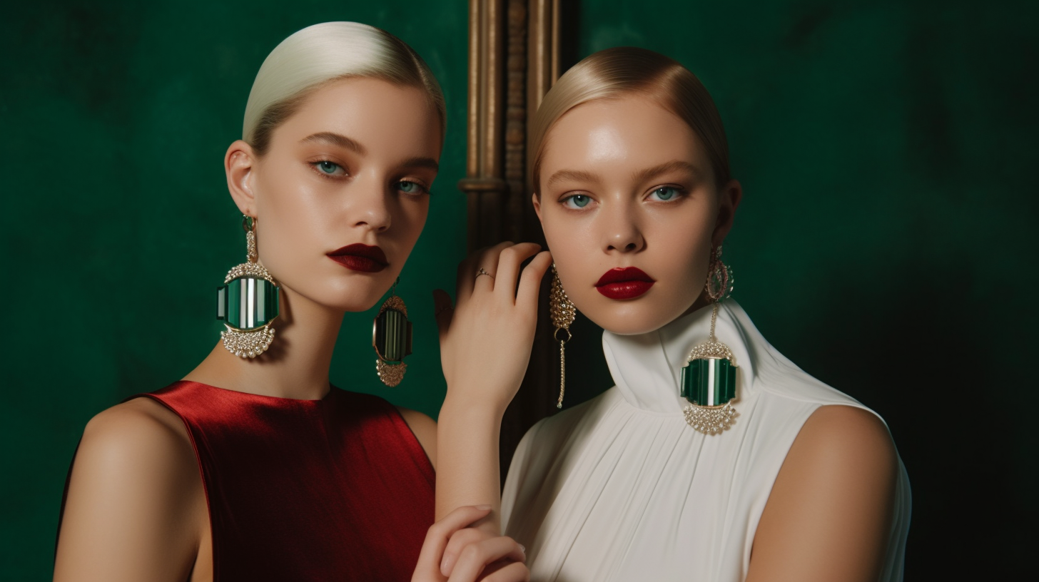 In this image, we see two women wearing beautiful red and white dresses. They are posing for a picture, standing in front of a green wall. The woman on the left has a red lipstick and is accessorized with a green necklace, while the woman on the right is wearing green earrings. Both women are elegantly dressed, exuding confidence and style. The woman on the left has a black jacket, adding a touch of sophistication to her outfit. The image captures a moment of glamour and friendship, showcasing the beauty and grace of the two women.