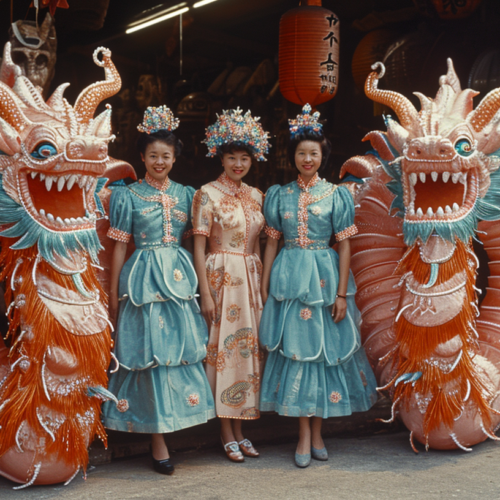 Three women in blue dresses are standing next to a dragon in a vibrant scene. The women are wearing traditional Chinese attire, with intricate details and vibrant colors. They are posed elegantly next to the dragon, which is also intricately designed with unique colors. The women''s dresses are a shade of blue, complemented by blue shoes. The dragon costume features a head, long tail, and a colorful body. The setting includes a red and brown elephant in the background, adding to the cultural and festive atmosphere of the scene. Overall, it is a visually captivating and culturally rich image.