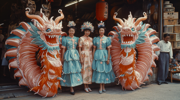 Three women in blue dresses are standing next to a dragon in a vibrant scene. The women are wearing traditional Chinese attire, with intricate details and vibrant colors. They are posed elegantly next to the dragon, which is also intricately designed with unique colors. The women''s dresses are a shade of blue, complemented by blue shoes. The dragon costume features a head, long tail, and a colorful body. The setting includes a red and brown elephant in the background, adding to the cultural and festive atmosphere of the scene. Overall, it is a visually captivating and culturally rich image.