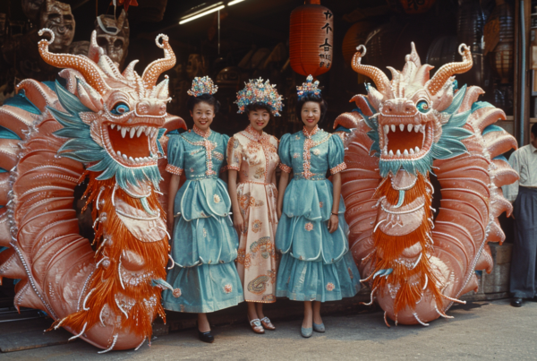 Three women in blue dresses are standing next to a dragon in a vibrant scene. The women are wearing traditional Chinese attire, with intricate details and vibrant colors. They are posed elegantly next to the dragon, which is also intricately designed with unique colors. The women''s dresses are a shade of blue, complemented by blue shoes. The dragon costume features a head, long tail, and a colorful body. The setting includes a red and brown elephant in the background, adding to the cultural and festive atmosphere of the scene. Overall, it is a visually captivating and culturally rich image.