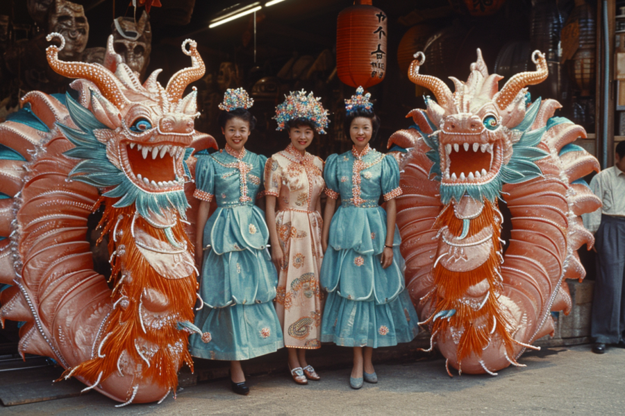 Three women in blue dresses are standing next to a dragon in a vibrant scene. The women are wearing traditional Chinese attire, with intricate details and vibrant colors. They are posed elegantly next to the dragon, which is also intricately designed with unique colors. The women''s dresses are a shade of blue, complemented by blue shoes. The dragon costume features a head, long tail, and a colorful body. The setting includes a red and brown elephant in the background, adding to the cultural and festive atmosphere of the scene. Overall, it is a visually captivating and culturally rich image.