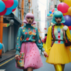 Two women are walking down a vibrant street, one wearing a clown costume with pink hair and a green sweater adorned with pink tulle, and the other with blue hair and a colorful wig. They are carrying an array of colorful balloons. The clown costume consists of a yellow dress and a red hat. The women''s outfits are bright and eye-catching, adding to the colorful theme of the street. The surroundings are lively, with a mix of blue, pink, and yellow colors. The women''s style exudes fun and playfulness as they stroll down the street together.