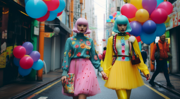 Two women are walking down a vibrant street, one wearing a clown costume with pink hair and a green sweater adorned with pink tulle, and the other with blue hair and a colorful wig. They are carrying an array of colorful balloons. The clown costume consists of a yellow dress and a red hat. The women''s outfits are bright and eye-catching, adding to the colorful theme of the street. The surroundings are lively, with a mix of blue, pink, and yellow colors. The women''s style exudes fun and playfulness as they stroll down the street together.