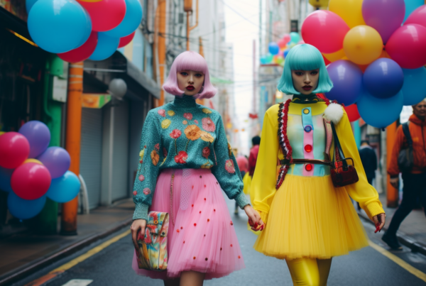Two women are walking down a vibrant street, one wearing a clown costume with pink hair and a green sweater adorned with pink tulle, and the other with blue hair and a colorful wig. They are carrying an array of colorful balloons. The clown costume consists of a yellow dress and a red hat. The women''s outfits are bright and eye-catching, adding to the colorful theme of the street. The surroundings are lively, with a mix of blue, pink, and yellow colors. The women''s style exudes fun and playfulness as they stroll down the street together.