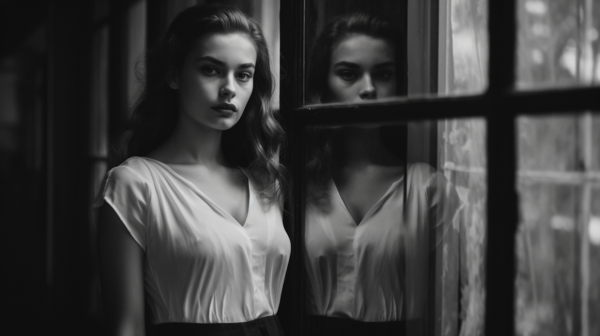 Two women are standing in front of a window in a dimly lit room. The first woman, wearing a white dress, is positioned on the left side of the image. She has long hair and appears to be looking out of the window with a slightly sad expression. The second woman, on the right side of the image, is wearing a dark outfit. Both women are facing towards the window, which is letting in a soft light. The scene is captured in black and white, adding a sense of nostalgia and mystery to the image.