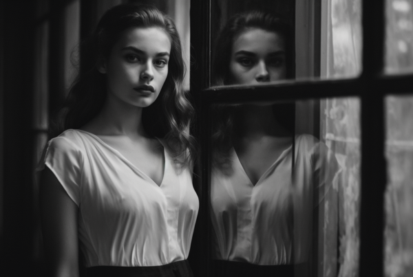 Two women are standing in front of a window in a dimly lit room. The first woman, wearing a white dress, is positioned on the left side of the image. She has long hair and appears to be looking out of the window with a slightly sad expression. The second woman, on the right side of the image, is wearing a dark outfit. Both women are facing towards the window, which is letting in a soft light. The scene is captured in black and white, adding a sense of nostalgia and mystery to the image.