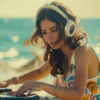 In the image, a woman in a colorful dress is playing music on a turntable at the beach. She is wearing headphones and a bracelet, and she is focused on her smartphone. The woman appears to be a DJ, as she is engaged in mixing music. The scene exudes a relaxed and fun atmosphere, perfect for a beach party. The woman''s facial expression shows concentration and enjoyment as she embraces her passion for music. The color palette of the image consists of earthy tones with accents of green and brown, creating a harmonious and vibrant composition.