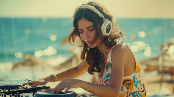 In the image, a woman in a colorful dress is playing music on a turntable at the beach. She is wearing headphones and a bracelet, and she is focused on her smartphone. The woman appears to be a DJ, as she is engaged in mixing music. The scene exudes a relaxed and fun atmosphere, perfect for a beach party. The woman''s facial expression shows concentration and enjoyment as she embraces her passion for music. The color palette of the image consists of earthy tones with accents of green and brown, creating a harmonious and vibrant composition.