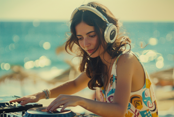 In the image, a woman in a colorful dress is playing music on a turntable at the beach. She is wearing headphones and a bracelet, and she is focused on her smartphone. The woman appears to be a DJ, as she is engaged in mixing music. The scene exudes a relaxed and fun atmosphere, perfect for a beach party. The woman''s facial expression shows concentration and enjoyment as she embraces her passion for music. The color palette of the image consists of earthy tones with accents of green and brown, creating a harmonious and vibrant composition.