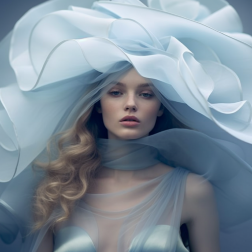 In this image, we see a young woman wearing a blue and white dress. She is lying on a hospital bed, possibly after undergoing surgery, with a doctor standing beside her. The woman is also wearing a white shirt. She has a large hat on her head, giving her a stylish and elegant appearance. The hat is covering most of her head and part of her face. The overall color scheme of the image consists of shades of blue, white, and gray, creating a calm and serene atmosphere. The woman appears to be in her early twenties and is clearly the focal point of the image.
