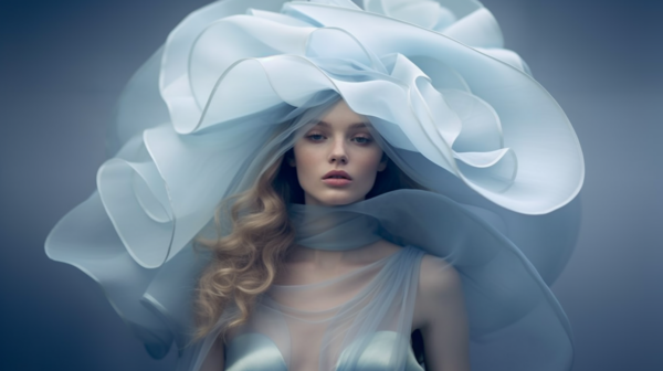 In this image, we see a young woman wearing a blue and white dress. She is lying on a hospital bed, possibly after undergoing surgery, with a doctor standing beside her. The woman is also wearing a white shirt. She has a large hat on her head, giving her a stylish and elegant appearance. The hat is covering most of her head and part of her face. The overall color scheme of the image consists of shades of blue, white, and gray, creating a calm and serene atmosphere. The woman appears to be in her early twenties and is clearly the focal point of the image.