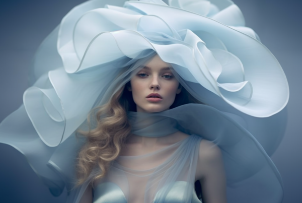 In this image, we see a young woman wearing a blue and white dress. She is lying on a hospital bed, possibly after undergoing surgery, with a doctor standing beside her. The woman is also wearing a white shirt. She has a large hat on her head, giving her a stylish and elegant appearance. The hat is covering most of her head and part of her face. The overall color scheme of the image consists of shades of blue, white, and gray, creating a calm and serene atmosphere. The woman appears to be in her early twenties and is clearly the focal point of the image.