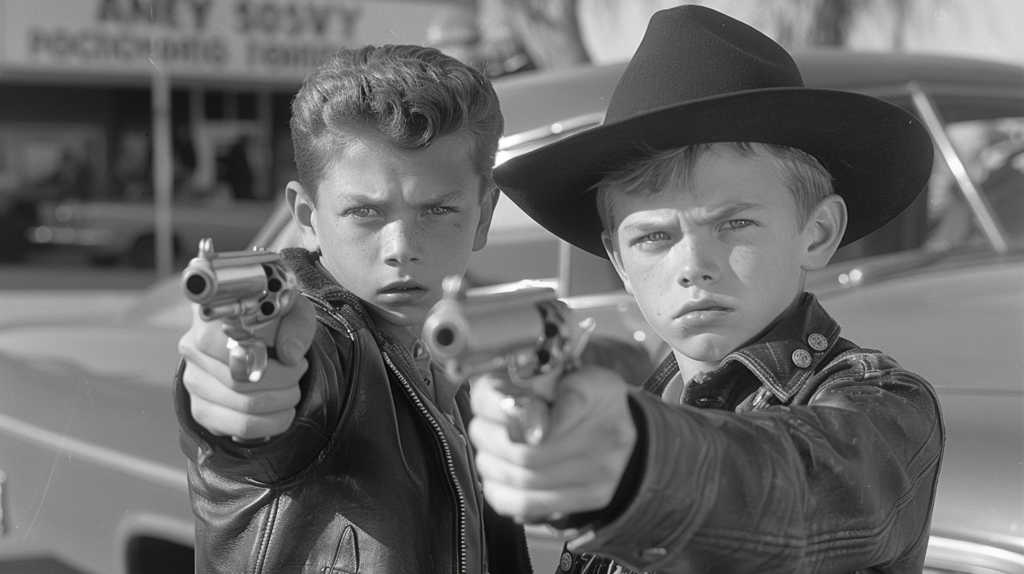 In a black and white photo, two young boys are seen standing in front of a car. One boy is wearing a cowboy hat and pointing a gun towards the camera, while the other boy is also holding a gun. The boy in the cowboy hat appears to be around 10 years old, while the other boy looks to be in his early twenties. The older boy is dressed in a suit. The image captures a tense moment as the boys hold their guns, creating a sense of danger and uncertainty. The scene is dramatic and evokes a feeling of suspense.