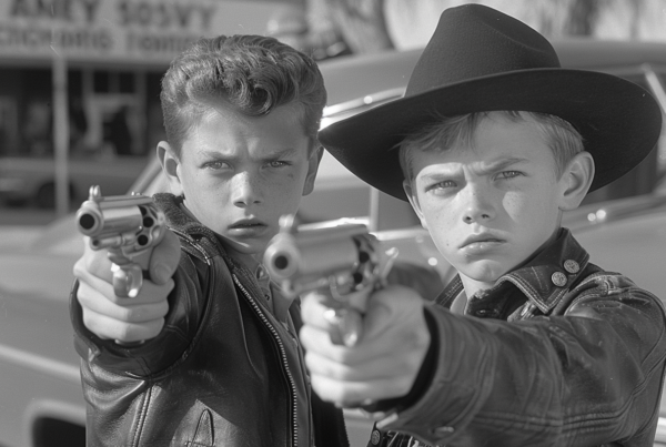 In a black and white photo, two young boys are seen standing in front of a car. One boy is wearing a cowboy hat and pointing a gun towards the camera, while the other boy is also holding a gun. The boy in the cowboy hat appears to be around 10 years old, while the other boy looks to be in his early twenties. The older boy is dressed in a suit. The image captures a tense moment as the boys hold their guns, creating a sense of danger and uncertainty. The scene is dramatic and evokes a feeling of suspense.