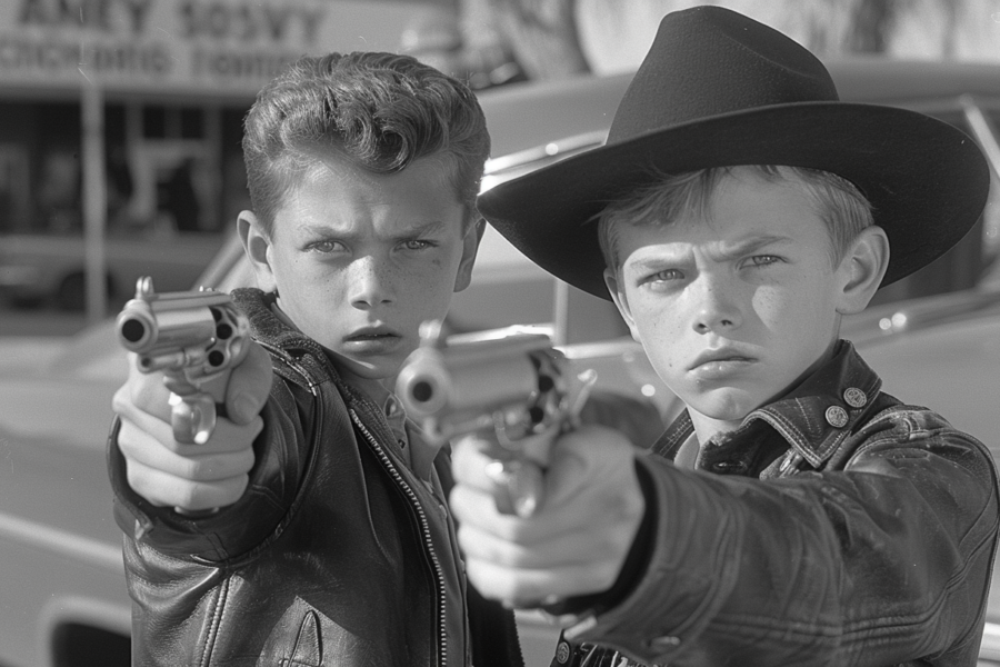 In a black and white photo, two young boys are seen standing in front of a car. One boy is wearing a cowboy hat and pointing a gun towards the camera, while the other boy is also holding a gun. The boy in the cowboy hat appears to be around 10 years old, while the other boy looks to be in his early twenties. The older boy is dressed in a suit. The image captures a tense moment as the boys hold their guns, creating a sense of danger and uncertainty. The scene is dramatic and evokes a feeling of suspense.