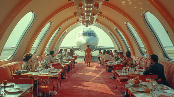 In this image, we see a bustling restaurant setting with a large airplane in the background. The focal point is a woman in a red dress sitting at a table, surrounded by other diners. The scene is vibrant with various objects such as plates, wine glasses, chairs, and a handbag scattered throughout. The color palette consists of earthy tones like green and brown, with pops of red from the woman''s dress. The ambiance suggests a lively dining experience, with people engaged in conversation and enjoying their meals. The presence of the airplane adds a unique and intriguing element to the overall composition.