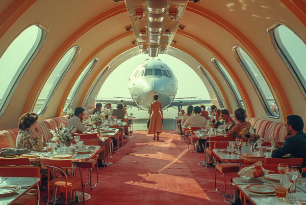 In this image, we see a bustling restaurant setting with a large airplane in the background. The focal point is a woman in a red dress sitting at a table, surrounded by other diners. The scene is vibrant with various objects such as plates, wine glasses, chairs, and a handbag scattered throughout. The color palette consists of earthy tones like green and brown, with pops of red from the woman''s dress. The ambiance suggests a lively dining experience, with people engaged in conversation and enjoying their meals. The presence of the airplane adds a unique and intriguing element to the overall composition.