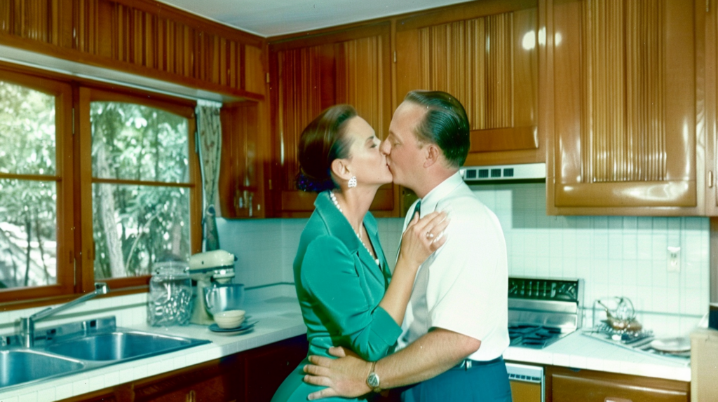In this image, we see a romantic scene unfolding in a cozy kitchen. A man and a woman are sharing a tender kiss near a kitchen island. The woman is wearing a green shirt, and the man has short hair. The kitchen is well-equipped with wooden cabinets, a sink, a microwave, and a gas stove. There are various kitchen utensils and appliances scattered around, such as plates, bowls, a tea pot, and a bottle. The colors in the kitchen are primarily earthy tones like brown and green, creating a warm and inviting atmosphere. The focus is on the couple, capturing a moment of intimacy amidst the hustle and bustle of a busy kitchen.