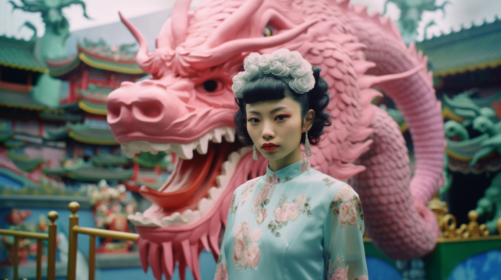 A woman in a stunning blue dress is standing in front of a dragon statue. The woman appears to be in awe of the intricate details of the statue, with her hand reaching out towards it. The dragon statue is a vibrant pink color, adding a pop of color to the scene. The woman''s expression suggests a sense of wonder and admiration. In the background, there is a blurred image of a red fire hydrant. The woman, who is around 24 years old, exudes femininity and grace in her attire, contrasting with the mythical and imposing dragon statue.