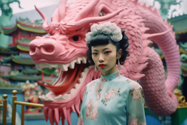 A woman in a stunning blue dress is standing in front of a dragon statue. The woman appears to be in awe of the intricate details of the statue, with her hand reaching out towards it. The dragon statue is a vibrant pink color, adding a pop of color to the scene. The woman''s expression suggests a sense of wonder and admiration. In the background, there is a blurred image of a red fire hydrant. The woman, who is around 24 years old, exudes femininity and grace in her attire, contrasting with the mythical and imposing dragon statue.