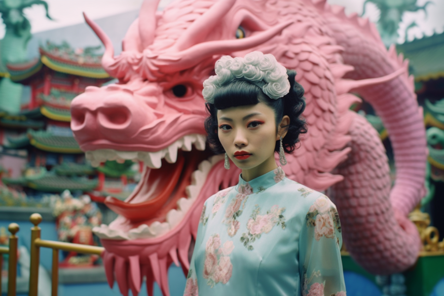 A woman in a stunning blue dress is standing in front of a dragon statue. The woman appears to be in awe of the intricate details of the statue, with her hand reaching out towards it. The dragon statue is a vibrant pink color, adding a pop of color to the scene. The woman''s expression suggests a sense of wonder and admiration. In the background, there is a blurred image of a red fire hydrant. The woman, who is around 24 years old, exudes femininity and grace in her attire, contrasting with the mythical and imposing dragon statue.