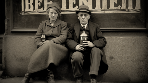In this black and white photo, two individuals are sitting on a bench outside a building. One man is wearing a hat and holding a beer bottle, while the other person is a woman with a tie. The man''s hat is a fedora style, and he is also wearing sneakers. The woman has a hat on her head as well. The image captures a relaxed moment of these two individuals enjoying a drink together. The scene is casual and inviting, with a sand backdrop adding to the outdoor setting. The primary colors in the image are shades of black, white, and beige, giving it a classic and timeless feel.