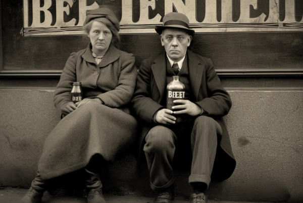 In this black and white photo, two individuals are sitting on a bench outside a building. One man is wearing a hat and holding a beer bottle, while the other person is a woman with a tie. The man''s hat is a fedora style, and he is also wearing sneakers. The woman has a hat on her head as well. The image captures a relaxed moment of these two individuals enjoying a drink together. The scene is casual and inviting, with a sand backdrop adding to the outdoor setting. The primary colors in the image are shades of black, white, and beige, giving it a classic and timeless feel.