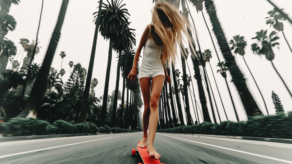 A woman is seen riding a skateboard down a street, wearing white shorts and a white top. The street is lined with palm trees, and the woman appears to be enjoying the ride. The skateboarder''s body is prominently featured in the image, with a clear view of her legs and feet as she cruises down the road. The skateboard itself is visible, with a design that includes shades of brown and red. The overall color palette of the image consists of earthy tones such as beige, brown, and gray, with accents of dark red. The setting appears to be a sunny day with a clear blue sky, enhancing the vibrant and energetic vibe of the scene