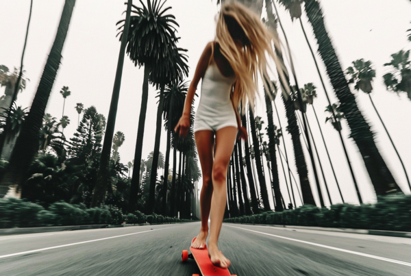 A woman is seen riding a skateboard down a street, wearing white shorts and a white top. The street is lined with palm trees, and the woman appears to be enjoying the ride. The skateboarder''s body is prominently featured in the image, with a clear view of her legs and feet as she cruises down the road. The skateboard itself is visible, with a design that includes shades of brown and red. The overall color palette of the image consists of earthy tones such as beige, brown, and gray, with accents of dark red. The setting appears to be a sunny day with a clear blue sky, enhancing the vibrant and energetic vibe of the scene