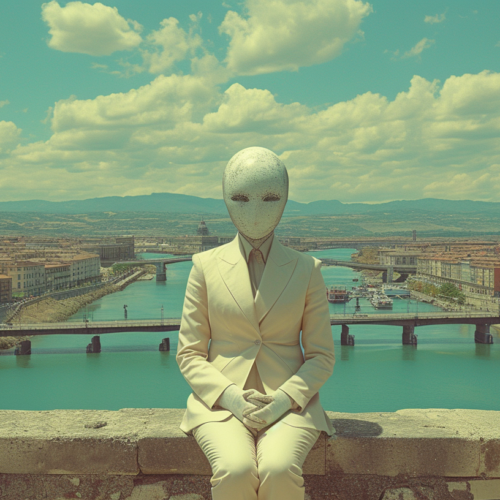 A man in a suit and tie is sitting on a ledge overlooking a body of water. In the background, there are two boats floating on the water. The man appears to be relaxed and contemplative as he gazes out at the river. The scene is peaceful and serene, with a bridge and a sculpture visible in the distance. The colors in the image include shades of green, brown, and gray, creating a harmonious and natural palette. The man''s attire suggests he may be a professional or businessman taking a moment to unwind in a picturesque setting.