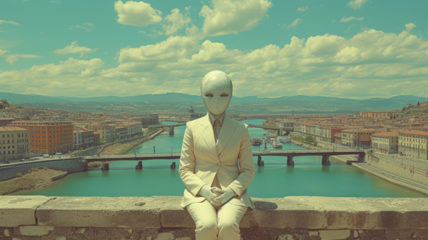 A man in a suit and tie is sitting on a ledge overlooking a body of water. In the background, there are two boats floating on the water. The man appears to be relaxed and contemplative as he gazes out at the river. The scene is peaceful and serene, with a bridge and a sculpture visible in the distance. The colors in the image include shades of green, brown, and gray, creating a harmonious and natural palette. The man''s attire suggests he may be a professional or businessman taking a moment to unwind in a picturesque setting.