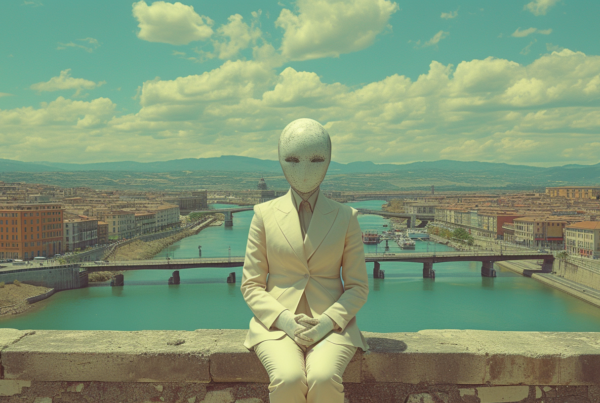 A man in a suit and tie is sitting on a ledge overlooking a body of water. In the background, there are two boats floating on the water. The man appears to be relaxed and contemplative as he gazes out at the river. The scene is peaceful and serene, with a bridge and a sculpture visible in the distance. The colors in the image include shades of green, brown, and gray, creating a harmonious and natural palette. The man''s attire suggests he may be a professional or businessman taking a moment to unwind in a picturesque setting.