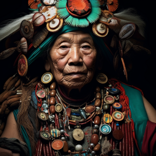 A man is wearing a colorful headdress adorned with feathers. The headdress is vibrant and eye-catching, adding to his striking appearance. The man''s face is partially visible, showcasing his features. He is dressed in traditional native attire, embodying a cultural significance. Additionally, there is an old woman with feathers on her head in the background, adding depth to the scene. The colors in the image are earthy and natural, with shades of green, brown, and beige dominating the color palette. This image captures a moment of cultural celebration and traditional attire.