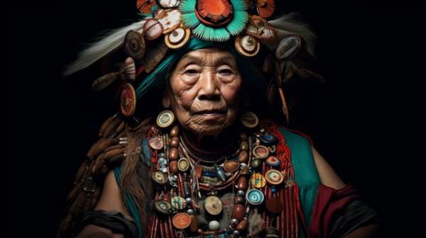 A man is wearing a colorful headdress adorned with feathers. The headdress is vibrant and eye-catching, adding to his striking appearance. The man''s face is partially visible, showcasing his features. He is dressed in traditional native attire, embodying a cultural significance. Additionally, there is an old woman with feathers on her head in the background, adding depth to the scene. The colors in the image are earthy and natural, with shades of green, brown, and beige dominating the color palette. This image captures a moment of cultural celebration and traditional attire.