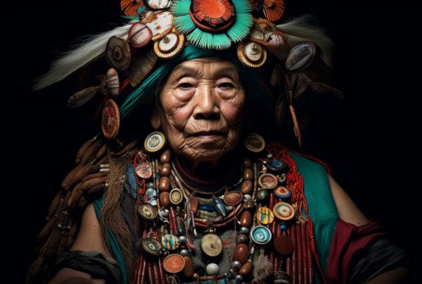 A man is wearing a colorful headdress adorned with feathers. The headdress is vibrant and eye-catching, adding to his striking appearance. The man''s face is partially visible, showcasing his features. He is dressed in traditional native attire, embodying a cultural significance. Additionally, there is an old woman with feathers on her head in the background, adding depth to the scene. The colors in the image are earthy and natural, with shades of green, brown, and beige dominating the color palette. This image captures a moment of cultural celebration and traditional attire.