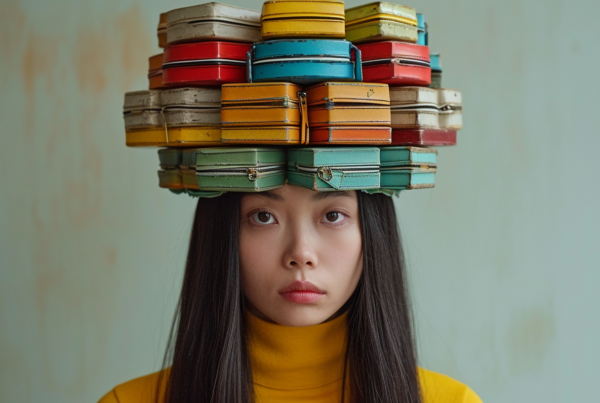 A young woman with long brown hair is balancing a stack of colorful cans on top of her head. She is standing outdoors, wearing a yellow dress and carrying the cans with ease. The cans are various sizes and colors, creating a vibrant and eye-catching display. The woman''s expression is focused and determined as she confidently balances the stack on her head. The background is blurred, emphasizing the woman and the cans. This unique and impressive image showcases the woman''s strength and skill in carrying the cans on her head.