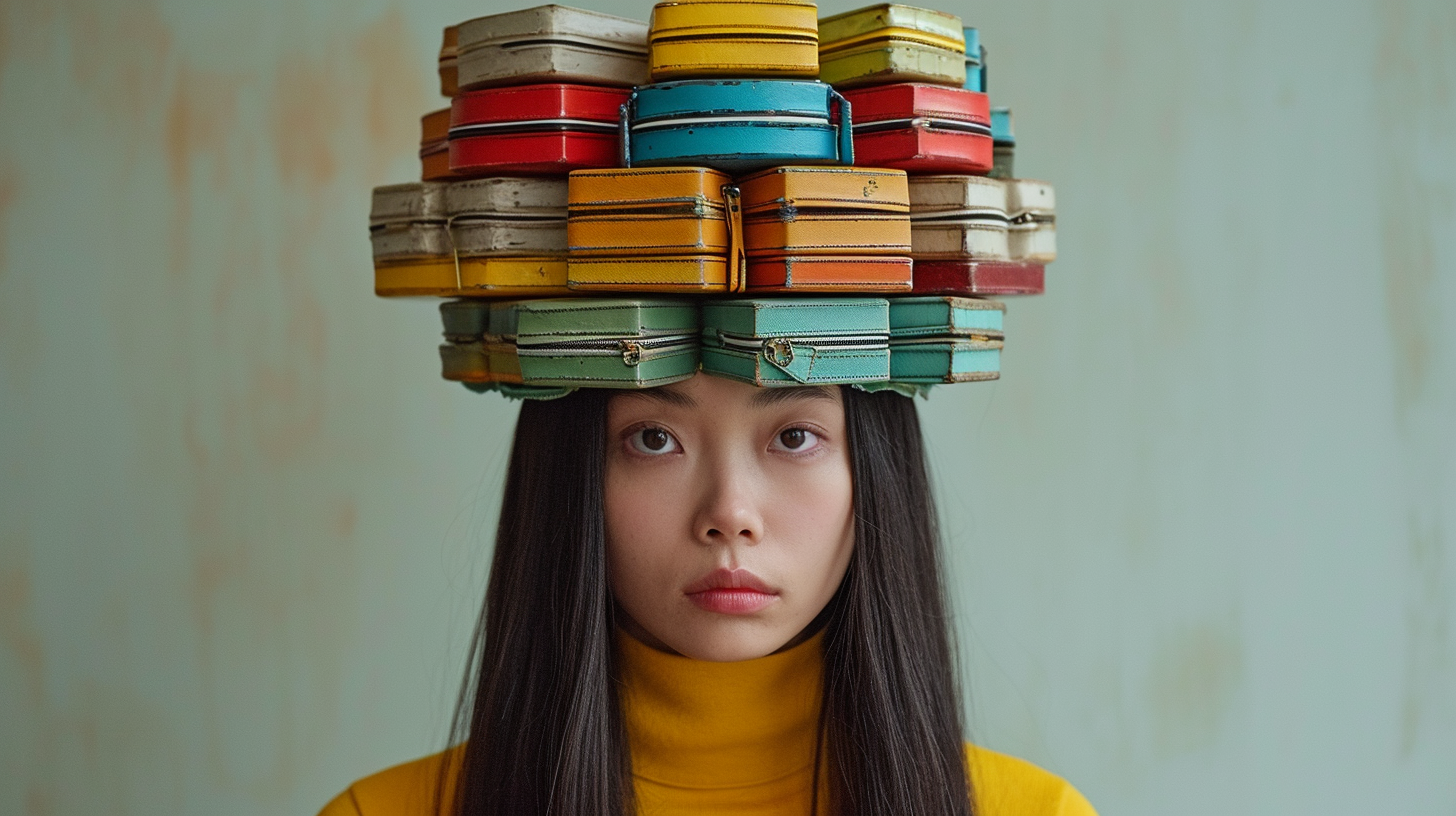 A young woman with long brown hair is balancing a stack of colorful cans on top of her head. She is standing outdoors, wearing a yellow dress and carrying the cans with ease. The cans are various sizes and colors, creating a vibrant and eye-catching display. The woman''s expression is focused and determined as she confidently balances the stack on her head. The background is blurred, emphasizing the woman and the cans. This unique and impressive image showcases the woman''s strength and skill in carrying the cans on her head.