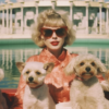 A woman is peacefully sitting in a boat surrounded by four adorable dogs. The woman, with her face partially visible, exudes a sense of calmness and contentment. She is wearing a red sweater and stylish glasses, adding a touch of sophistication to the scene. The dogs, of various breeds and sizes, are sitting around her, one even in her arms, displaying a sense of companionship and loyalty. The setting is serene, with street lights in the background, adding a soft glow to the overall ambiance. The colors of the image are primarily earthy tones, creating a warm and inviting atmosphere.