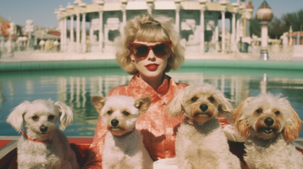 A woman is peacefully sitting in a boat surrounded by four adorable dogs. The woman, with her face partially visible, exudes a sense of calmness and contentment. She is wearing a red sweater and stylish glasses, adding a touch of sophistication to the scene. The dogs, of various breeds and sizes, are sitting around her, one even in her arms, displaying a sense of companionship and loyalty. The setting is serene, with street lights in the background, adding a soft glow to the overall ambiance. The colors of the image are primarily earthy tones, creating a warm and inviting atmosphere.