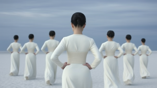 A group of people are standing in a line, with a woman in a stunning white dress as the focal point. She is surrounded by other individuals, all dressed in casual attire. The woman in the white dress stands confidently with her hands on her hips, exuding elegance and poise. The scene seems to be outdoors, with a blurred background suggesting a busy environment. The group appears to be waiting in line for something, creating a sense of anticipation and camaraderie. The overall mood is one of unity and shared experience.